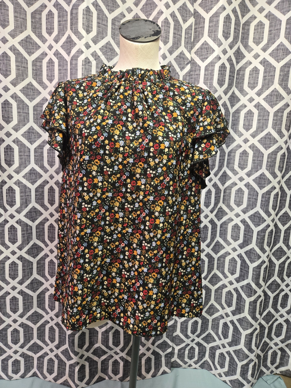 Black Floral Ruffle Sleeve Mock-Neck Blouse